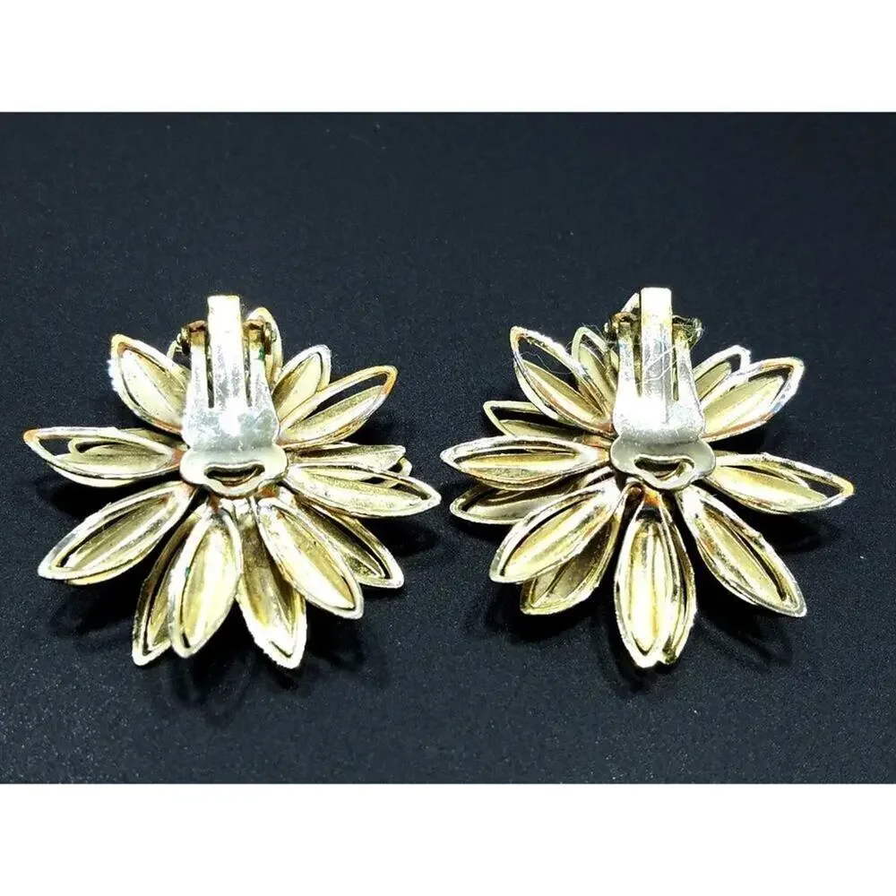Vintage 1960s Gold Flower Clip Earrings Aurora Borealis Rhinestone